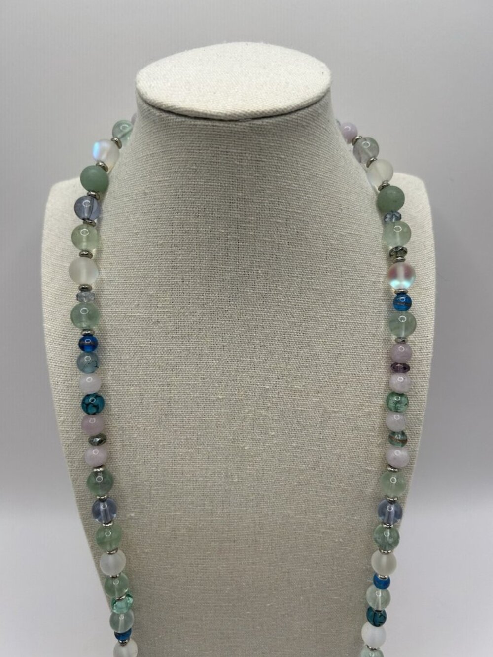 Vintage Glass Bead Necklace Pastel Green Blue Pink Long Silver Tone Cottagecore - Picture 2 of 9